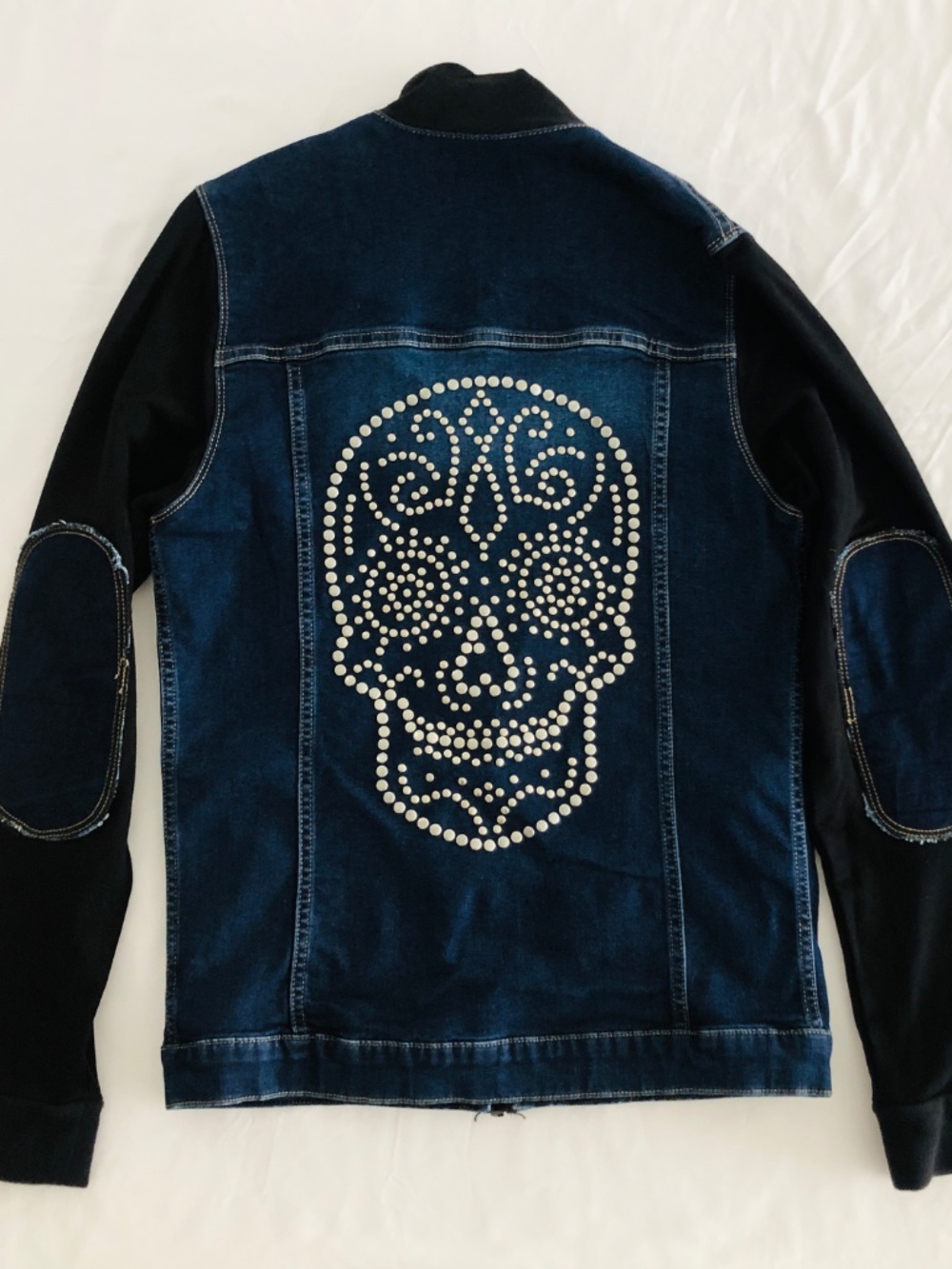 Ay Güey! Mixed Media Studded Sugar Skull Denim Jacket in size S - Picture 3 of 6